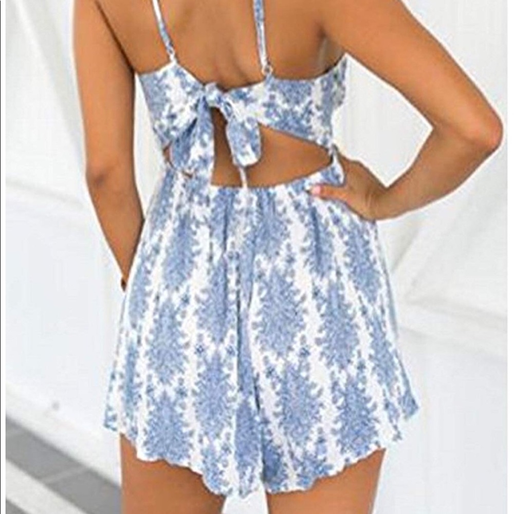 Blue and white patterned romper